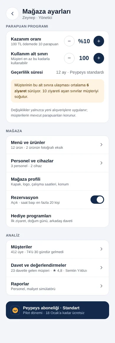 Mağaza ayarları, parapuan programı: kazanım oranı %10, kullanım alt sınırı 100 parapuan
