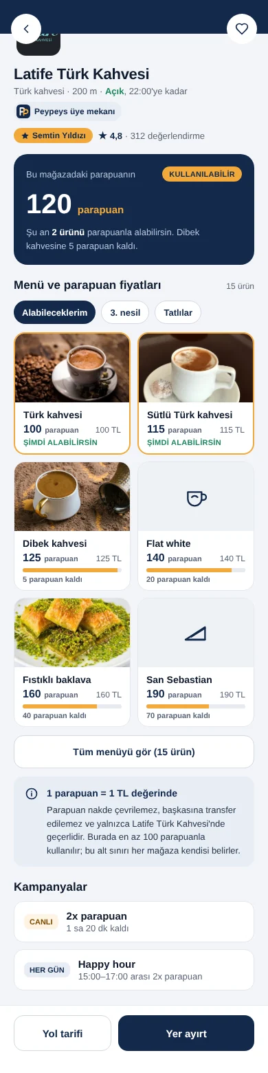 Mekan sayfasında menü ve parapuan fiyatları: Türk kahvesi şimdi alabilirsin; dibek kahvesine 5 parapuan, flat white’a 20 parapuan kaldı